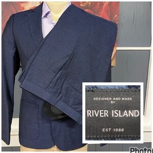 River Island Suit Mens 38R Slim Fit Taper Leg Pants 32x30 Wool Linen Blend Navy